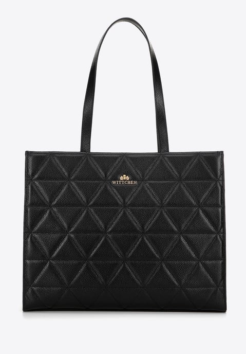 Bolso shopper de mujer Wittchen de piel con costuras geométricas, negro y dorado - Image 2