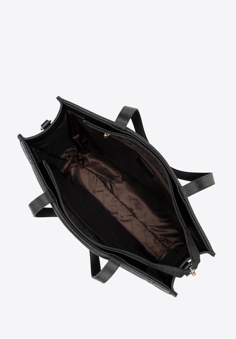 Bolso shopper de mujer Wittchen de piel con costuras geométricas, negro y dorado - Image 4