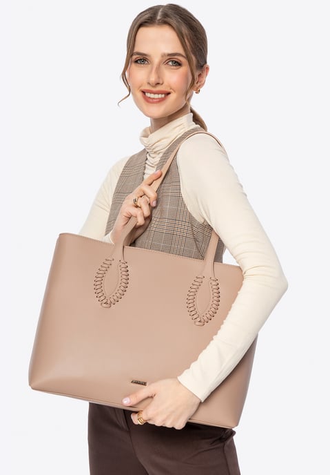 Bolso shopper Wittchen para mujer de piel sintética con detalles tejidos, beige - Image 1