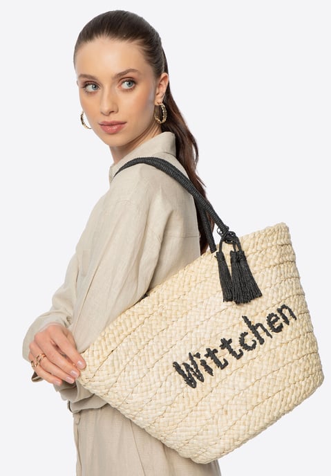 Cesta tejida Wittchen Woman con logotipo en beige y negro - Image 1
