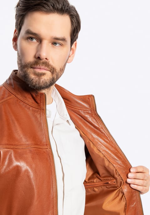 Chaqueta de motorista para hombre Wittchen de piel auténtica, color marrón claro - Image 4