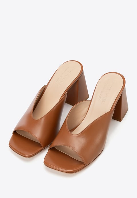 Mules de mujer Wittchen de piel auténtica con tacón cuadrado, color marrón - Image 3