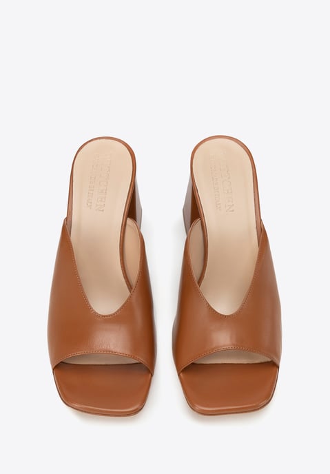 Mules de mujer Wittchen de piel auténtica con tacón cuadrado, color marrón - Image 4