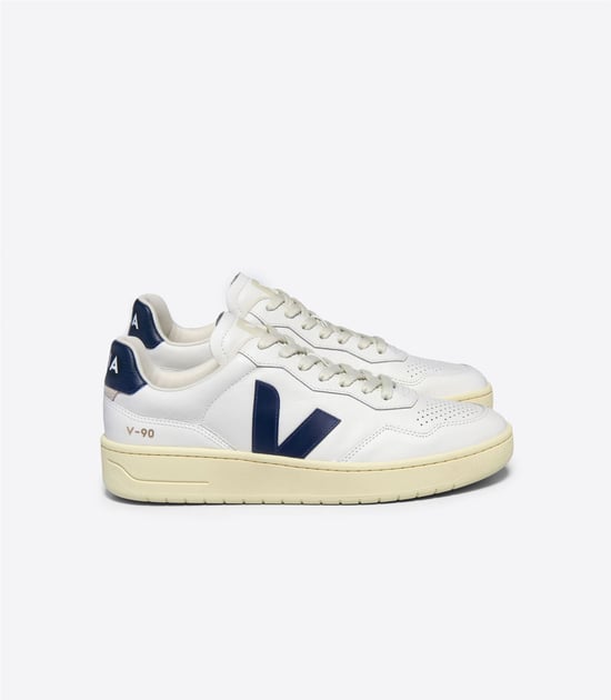 Veja V-90 Leather Women's White/Navy Trainers - Image 1