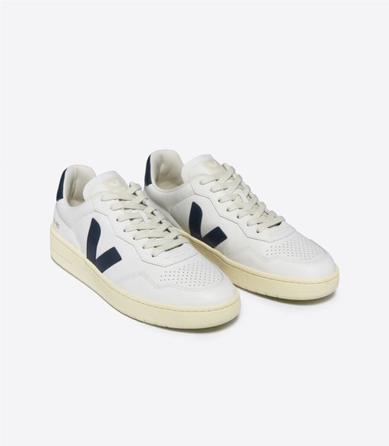 Veja V-90 Leather Women's White/Navy Trainers - Image 2