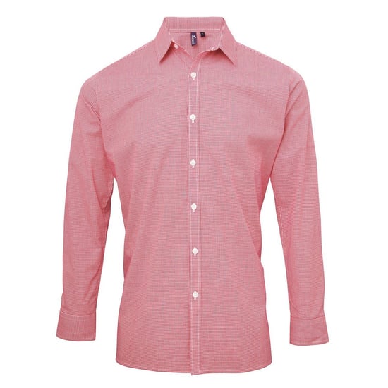 Premier Mens Gingham Micro Checked Long-Sleeved Shirt (Red/White) - Image 1
