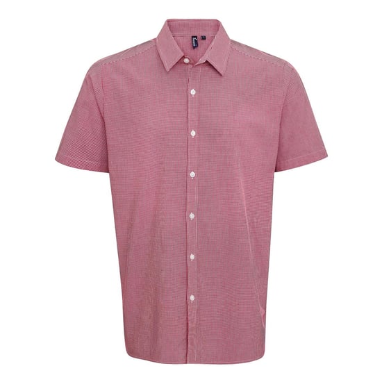 Premier Mens Micro Gingham Check Cotton Short-Sleeved Shirt (Red/White) - Image 1