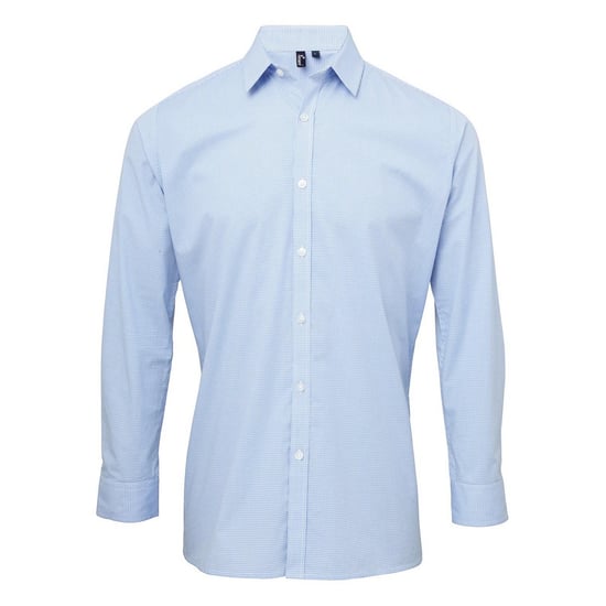 Premier Mens Gingham Micro Checked Long-Sleeved Shirt (Light Blue/White) - Image 1