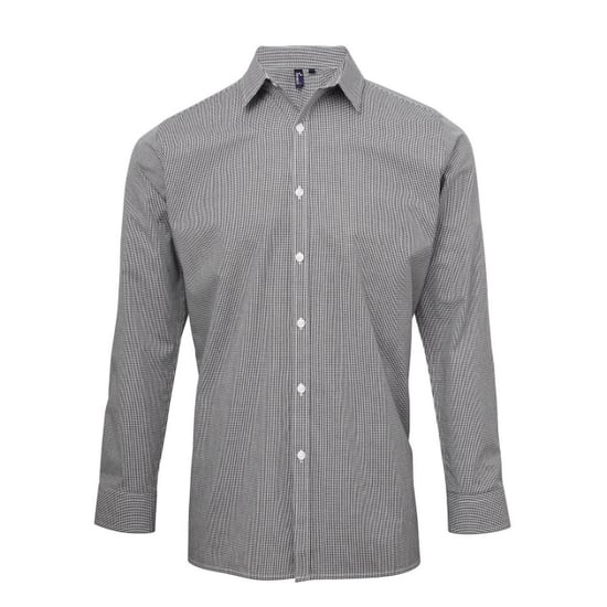 Premier Mens Gingham Micro Checked Long-Sleeved Shirt (Black/White) - Image 1