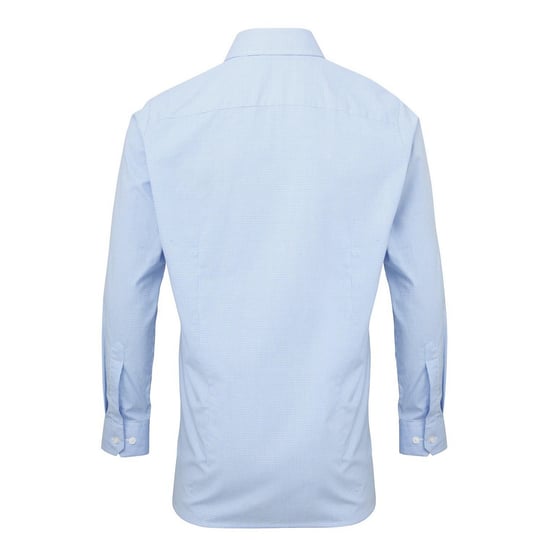 Premier Mens Gingham Micro Checked Long-Sleeved Shirt (Light Blue/White) - Image 2