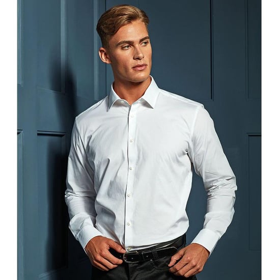 Premier Mens Stretch Fit Poplin Long Sleeve Shirt (White) - Image 6