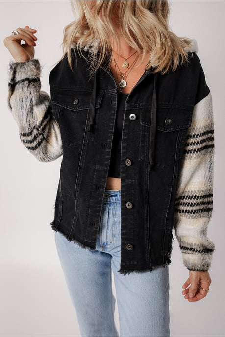 Chaqueta de mezclilla con capucha y mangas a cuadros - Image 5