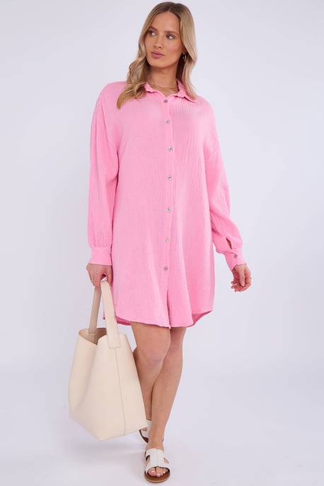 Camisa larga oversize de algodón rosa con textura - Image 3