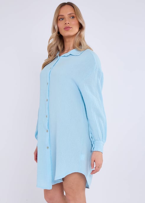 Camisa larga oversize de algodón azul con textura - Image 3