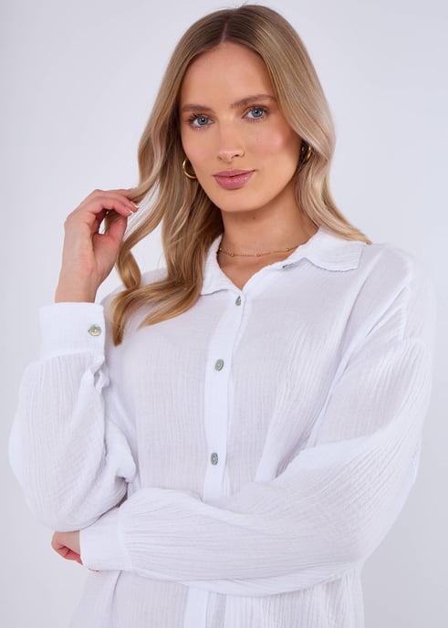 Camisa larga oversize de algodón blanco con textura - Image 2