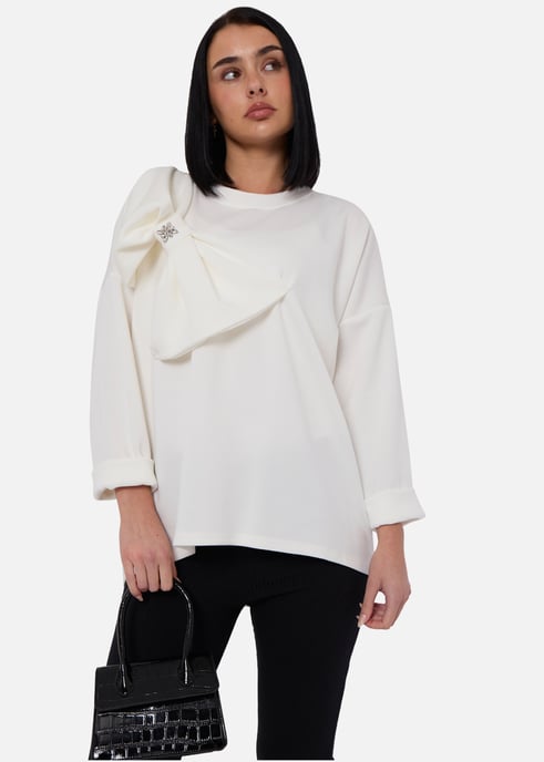 Jersey oversize con lazo lateral en contraste y color crema - Image 2