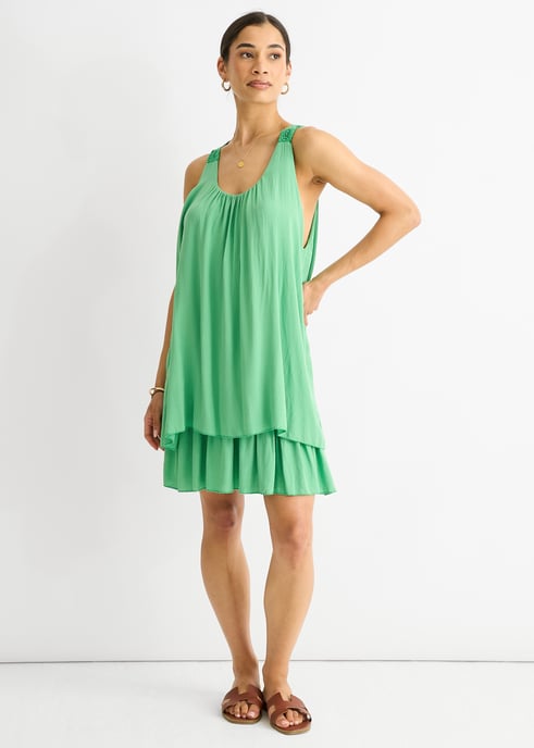 Mini vestido de algodón de doble capa con panel de ganchillo verde - Image 3