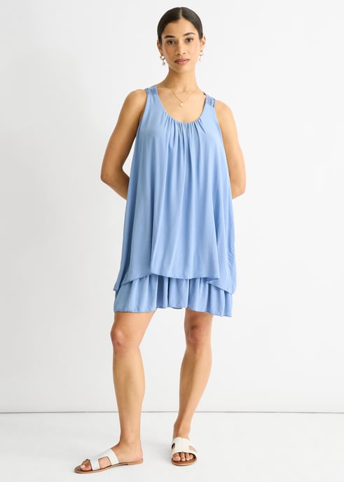Mini vestido de algodón de doble capa con paneles de croché de denim - Image 1
