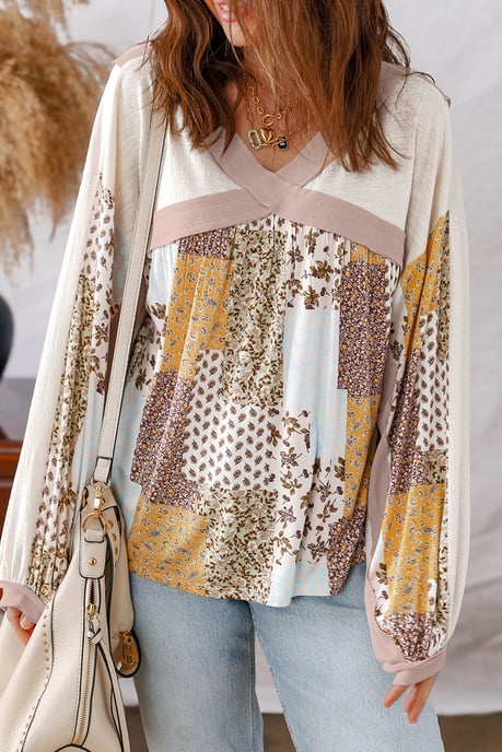 Blusa de Manga Larga de Patchwork Floral - Image 1