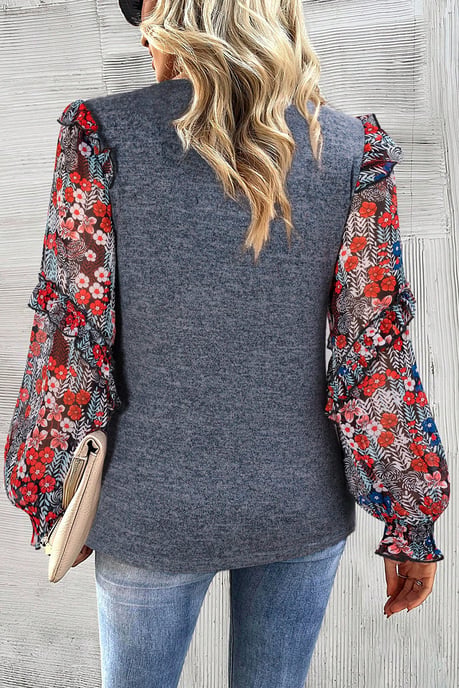 Blusa de Cuello Redondo con Mangas Florales en Volantes en Capas Azul - Image 2