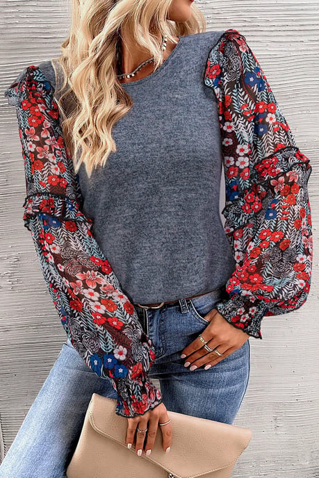 Blusa de Cuello Redondo con Mangas Florales en Volantes en Capas Azul - Image 3
