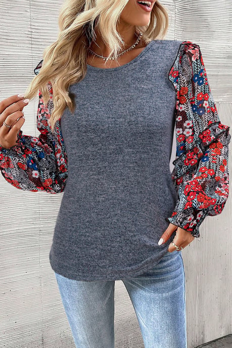Blusa de Cuello Redondo con Mangas Florales en Volantes en Capas Azul - Image 4