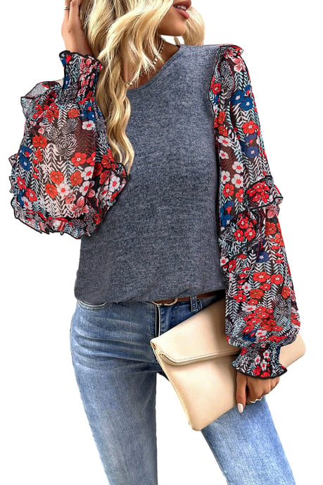 Blusa de Cuello Redondo con Mangas Florales en Volantes en Capas Azul - Image 6