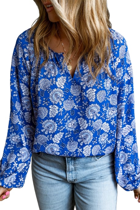Blusa de Manga Larga con Escote en V de Flores Azules - Image 1