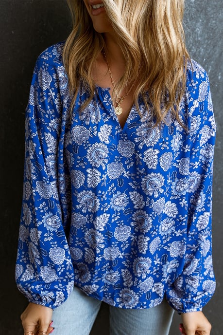 Blusa de Manga Larga con Escote en V de Flores Azules - Image 2