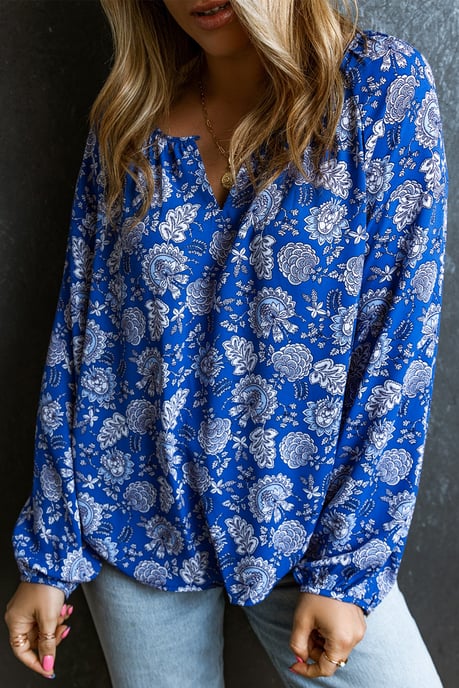 Blusa de Manga Larga con Escote en V de Flores Azules - Image 4