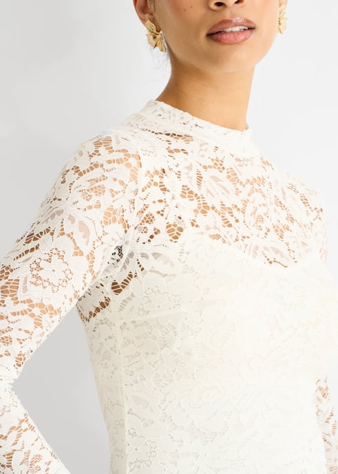 Mini vestido ajustado con encaje elástico blanco y lazo delantero - Image 2