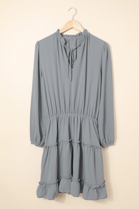 Vestido mini con volantes de manga larga en V gris - Image 3
