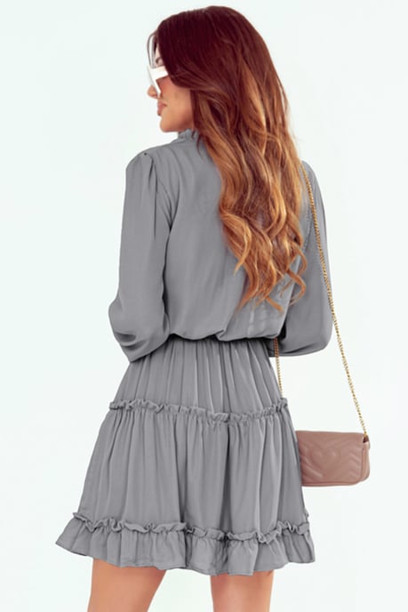 Vestido mini con volantes de manga larga en V gris - Image 6