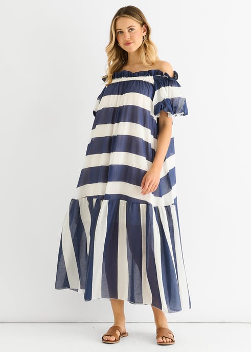 Vestido midi de algodón azul con rayas Bardot - Image 1