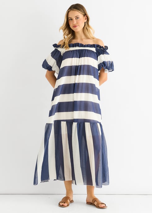 Vestido midi de algodón azul con rayas Bardot - Image 3