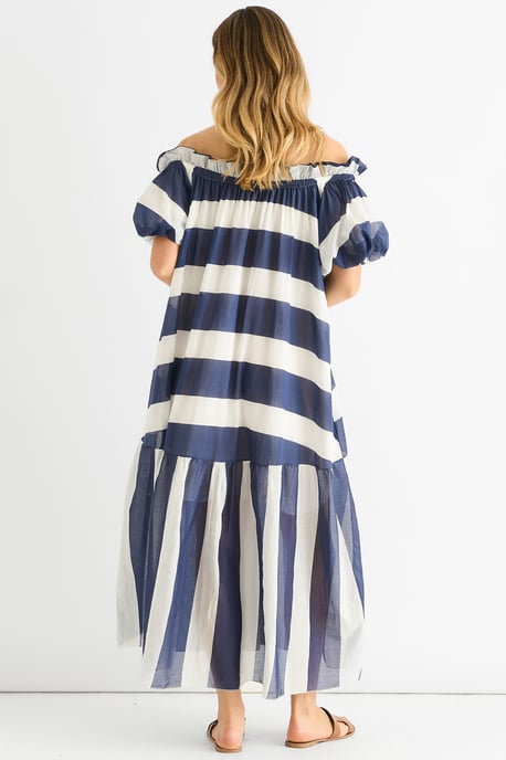 Vestido midi de algodón azul con rayas Bardot - Image 4