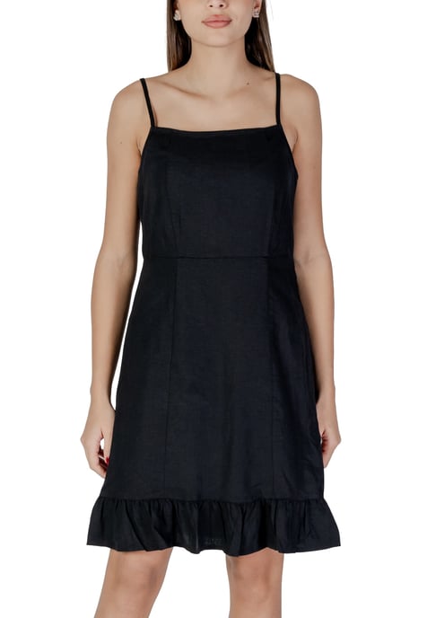 Vestido Mini Negro Sin Mangas Cuello Cuadrado Volantes - Image 1