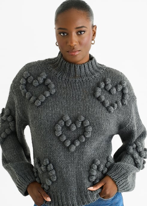 Jersey de cuello alto de punto grueso con corazón gris oscuro - Image 2