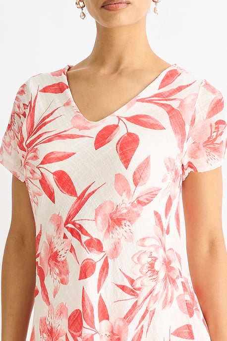 Vestido de algodón con estampado floral rojo y cuello en V - Image 2