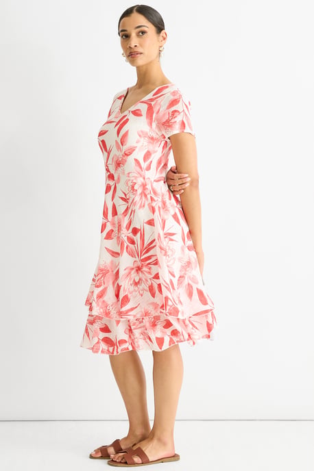 Vestido de algodón con estampado floral rojo y cuello en V - Image 3