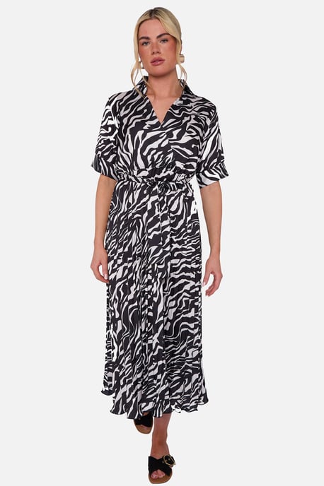 Vestido midi cruzado con cinturón y pliegues Black Zebra - Image 1