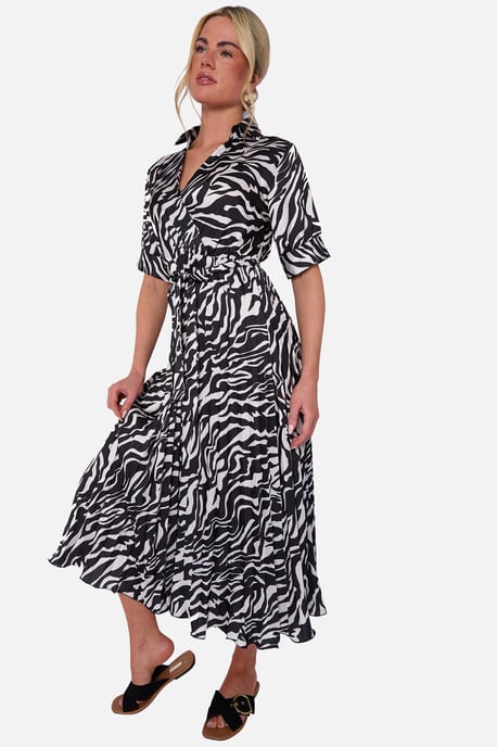 Vestido midi cruzado con cinturón y pliegues Black Zebra - Image 3