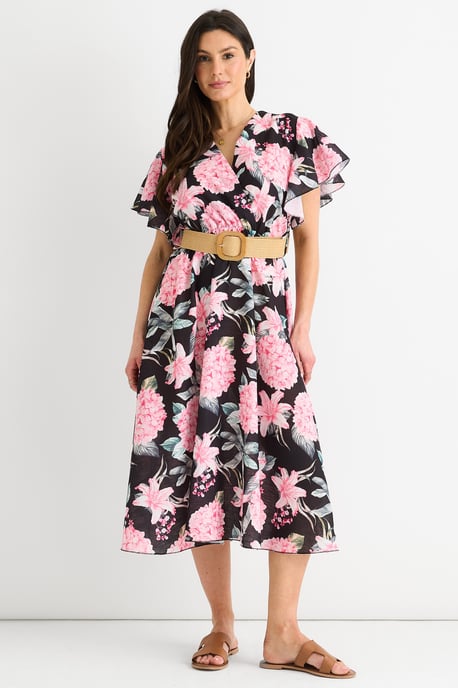 Vestido midi cruzado con cinturón y mangas angelicales con estampado floral negro - Image 1