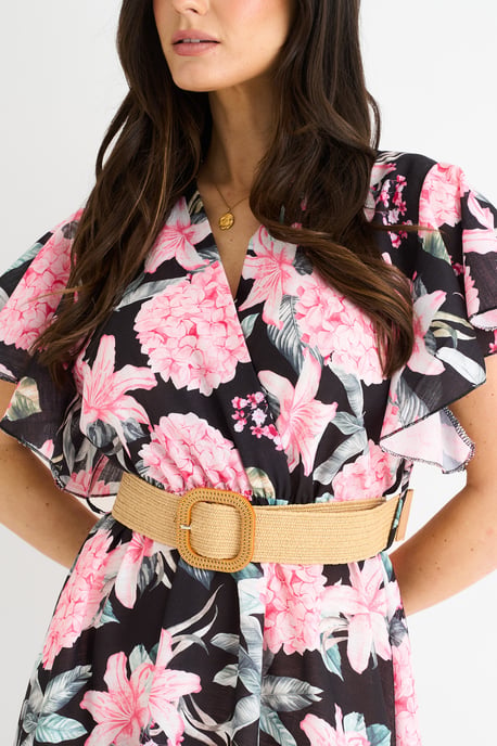 Vestido midi cruzado con cinturón y mangas angelicales con estampado floral negro - Image 2