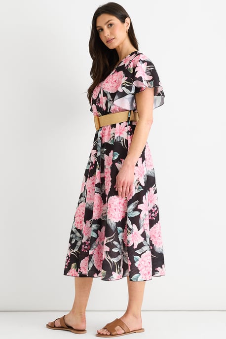 Vestido midi cruzado con cinturón y mangas angelicales con estampado floral negro - Image 3