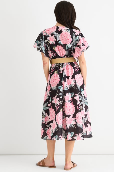 Vestido midi cruzado con cinturón y mangas angelicales con estampado floral negro - Image 4