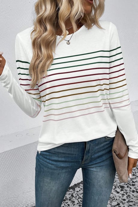 Camiseta de mangas largas de cuello redondo a rayas multicolor - Image 1