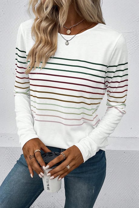 Camiseta de mangas largas de cuello redondo a rayas multicolor - Image 3