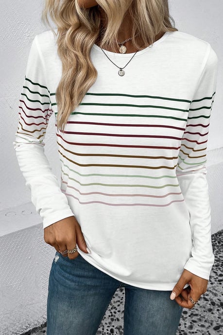 Camiseta de mangas largas de cuello redondo a rayas multicolor - Image 4
