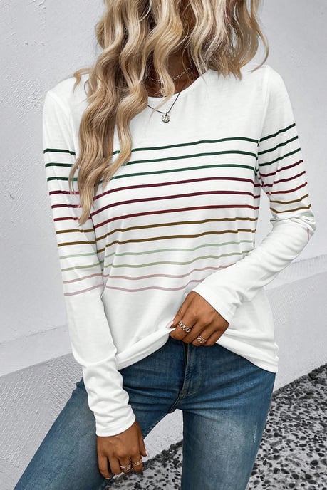Camiseta de mangas largas de cuello redondo a rayas multicolor - Image 5